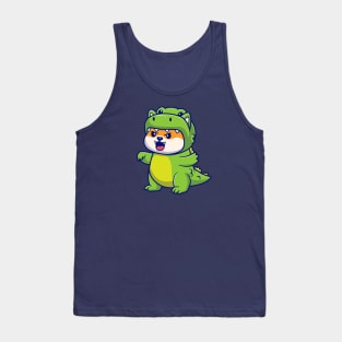 Cute Shiba Inu Dog Wearing Dino Costume Cartoon Tank Top